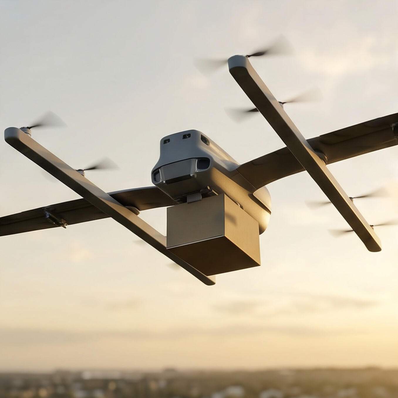 Drone in flight with package